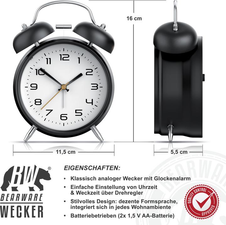 Produktbild Bearware Analoger Wecker klassisches Design, lauter Weckton, ohne Ticken, Batteriebetrieb, metall, schwarz
