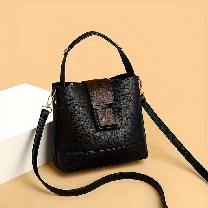 Actual product image Only-Bags.Store Elegant Solid Colour Faux Leather Bucket Bag with Adjustable Strap - Versatile Crossbody & Handbag