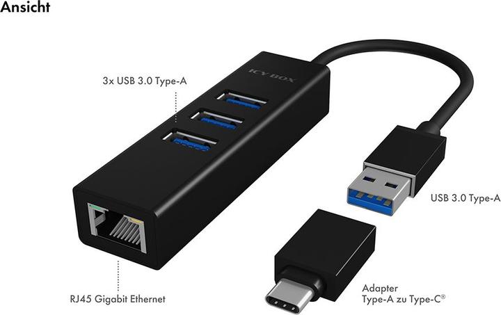 Produktbild Icy Box Hub IcyBox 4-Port IB-HUB1419-LAN USB 3.0 Hub & LAN-Adapter (USB-C, 4 Ports)