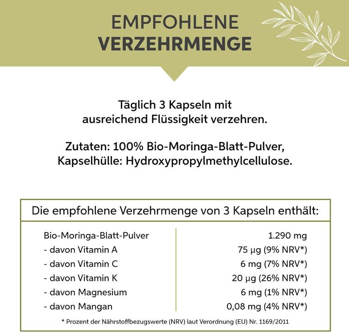 Nutritional values and ingredients Eltabia Organic Moringa capsules | 100% pure without additives (1000 Piece, Capsules)