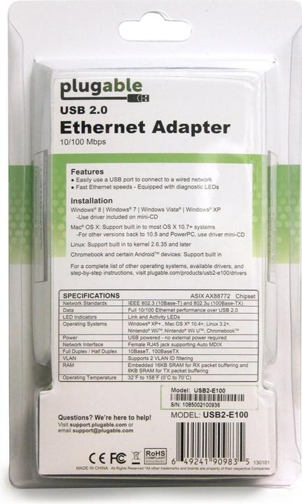 Produktbild Plugable USB 2.0 to Ethernet Adapter (USB, RJ45 (1x))