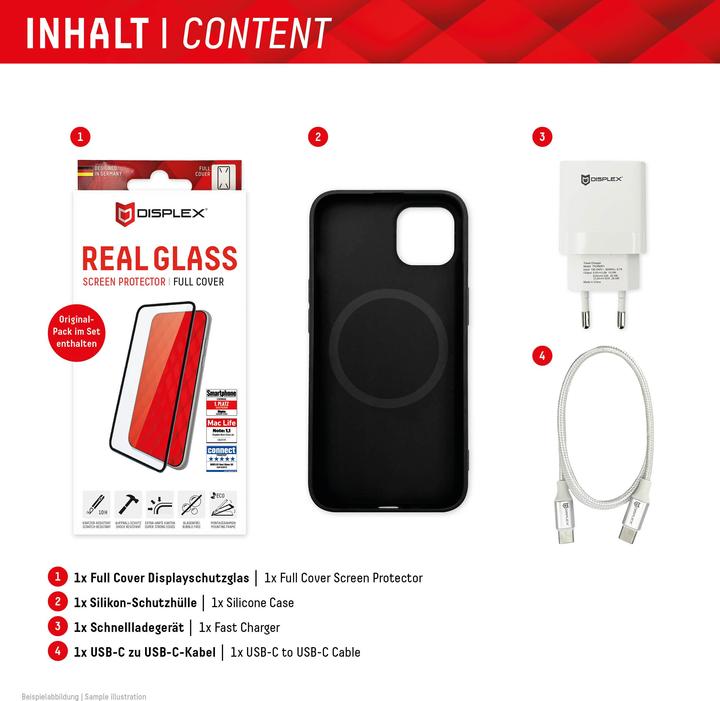 Actual product image Displex 4 in 1 Premium Set (Full Cover armoured glass, protective case, charger, charging cable) (1 Piece, Apple iPhone 15 Pro Max)
