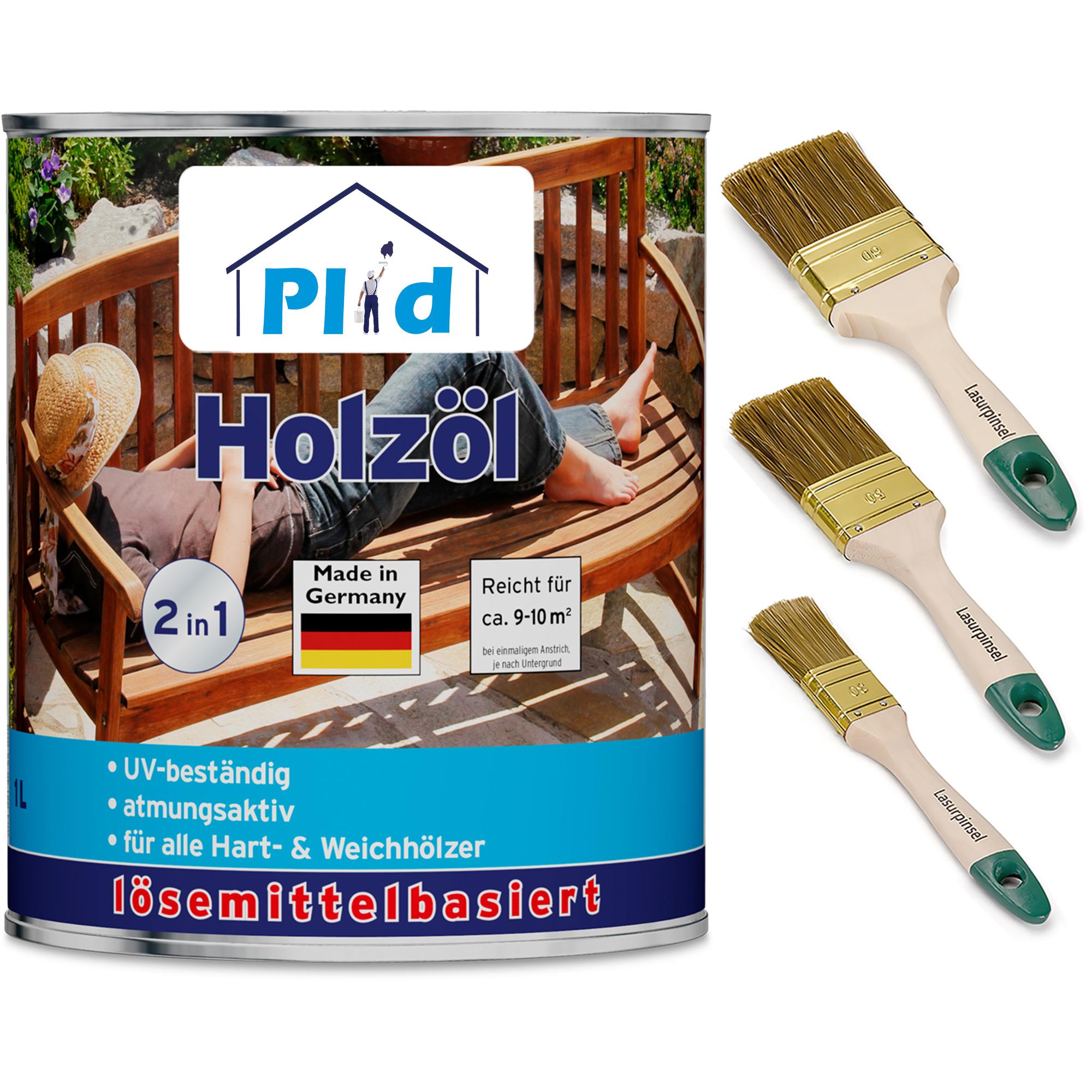 Plid, Holzschutz + Holzpflege, Holzöl 1L für ca. 10m² + Pinselset 3-tlg / Holz Pflegeöl Gartenmöbel (Bankirai, 1 l)