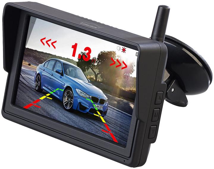 Produktbild Lescars Funk-HD-Rückfahrkamera in Nummernschildhalter, Monitor, Abstandswarner