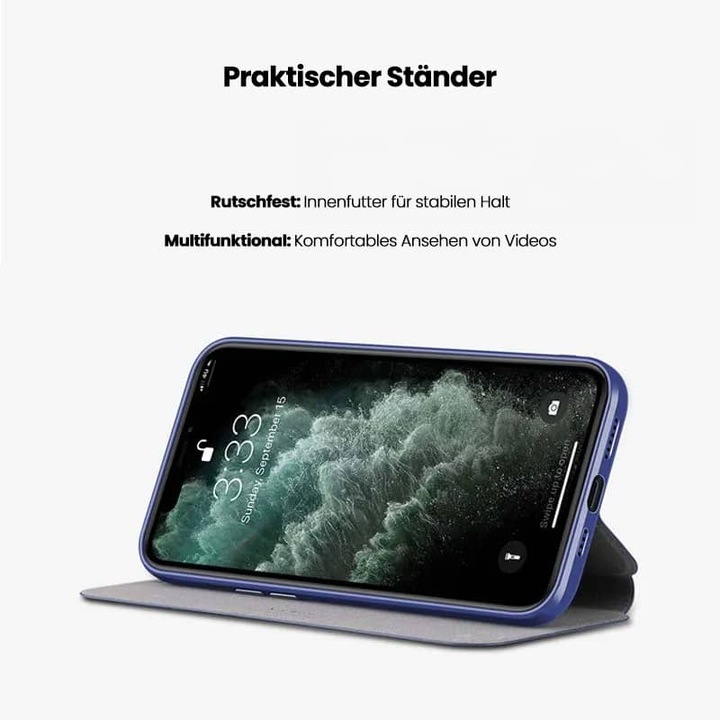 Produktbild X-Level iPhone 11 Pro Max - FIBColor Flip Etui, Kunstleder, 360° Rundumschutz, Dunkelblau (Apple iPhone 11 Pro Max)