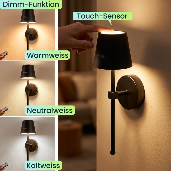 Actual product image Ideoon 2er-Set Elegante LED Wandleuchte kabellos mit Fernbedienung: Akku Wandlampe dimmbar in Schwarz (120 lm)