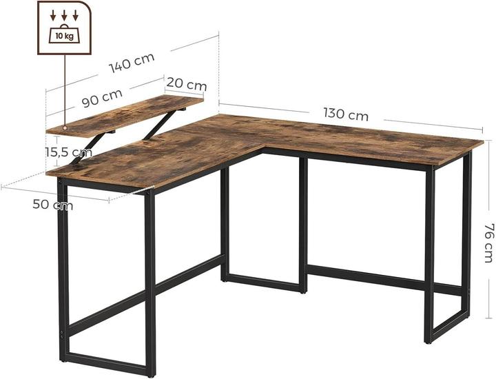 Actual product image Vasagle Desk brown L-shaped, O-leg frame black 130.0 / 140.0 x 50.0 cm (140 x 130 x 91.50 cm)