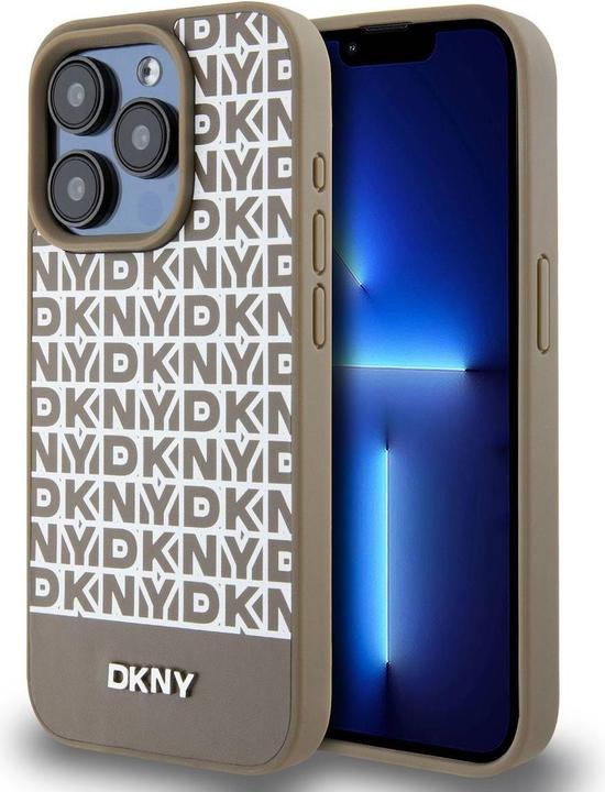 DKNY PU Leather Repeat Pattern Bottom Stripe MagSafe Case for iPhone 14 Pro Max Brown (Apple iPhone 14 Pro Max)