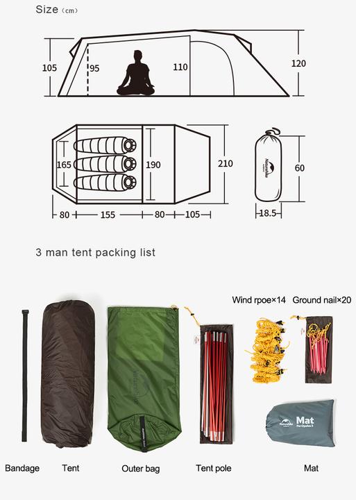 Produktbild Naturehike Opalus 3 20d nh17l001-l-green Zelt (Vorzelt, 3 Personen)