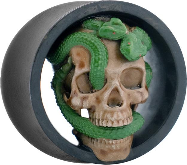 Actual product image Chaotic Trading Flared tunnel black skull with snake on the left (without brass, Surgical steel 316L)