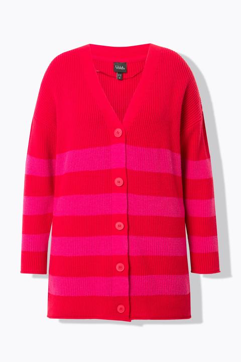 Produktbild Ulla Popken Strickjacke, Streifen, Boxy, V-Ausschnitt, Rollkanten (54)