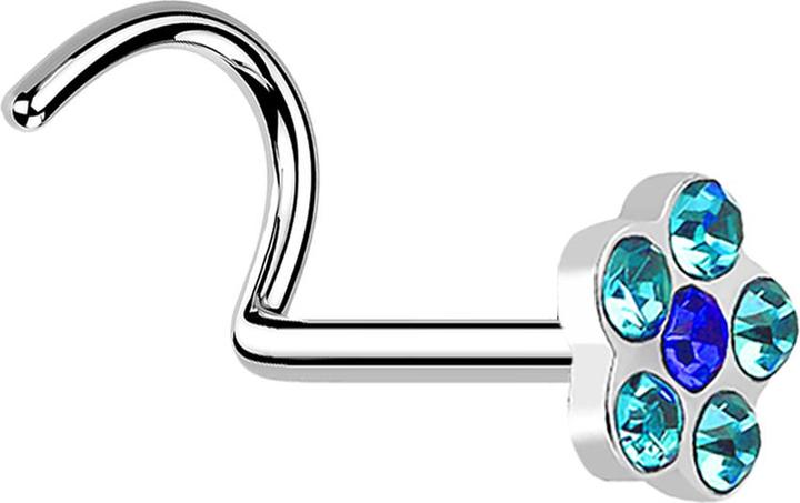 Produktbild Star Piercing Nasenstecker gebogen silber mit Blume und 5 Kristalle aqua (ohne Messing, Chirurgenstahl 316L)