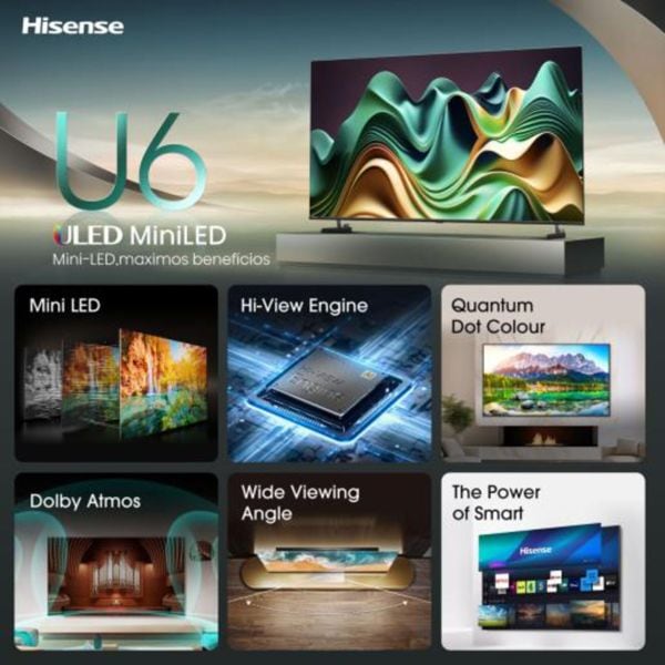 Produktbild Hisense TV 75U6NQ (189 cm (75 Zoll), schwarz/dunkelgrau, UltraHD/4K, Triple Tuner, Mini LED) (75", LED, 4K, 2024)