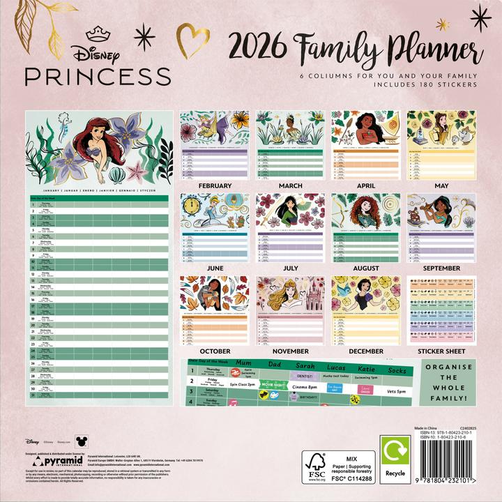 Produktbild Pyramid Disney Princess Calendar Family Planner w/Stickers 2026 (30 x 60 cm)