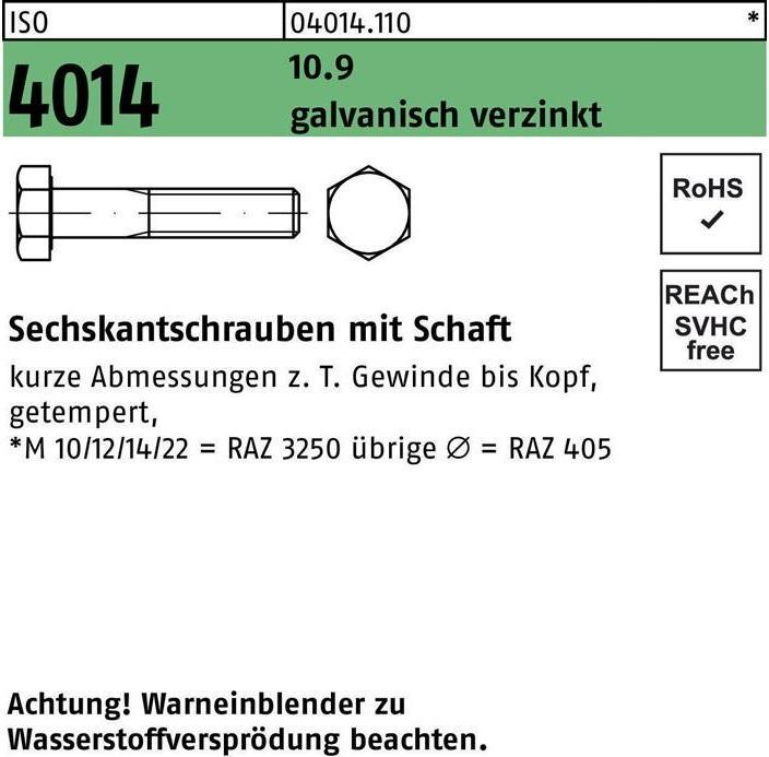 Produktbild Sechskantschraube ISO 4014 m.Schaft M 12 x 120 10.9 galvanisch verzinkt (50 Schrauben pro Stück)