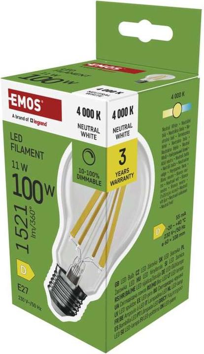 Immagine prodotto Emos LED Lampe Filament A60 / E27 / 11 (100 W) / 1 521 lm / Neutral Weiss / dimmbar (E27, 11 W, 1521 lm, 1 x, D)