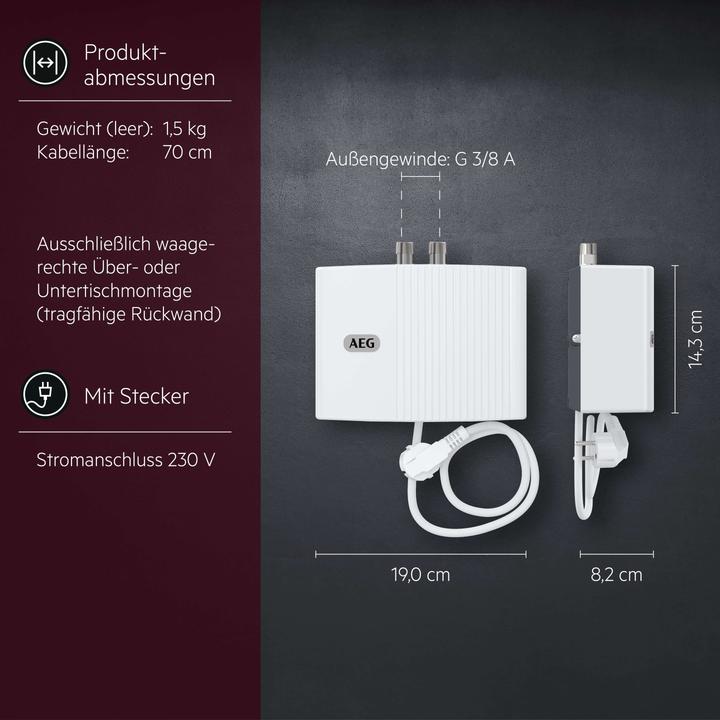 Produktbild AEG Haustechnik Klein-Durchlauferhitzer MTH 350 nur fürs Handwaschbecken, 3,5 kW, mit Stecker, drucklos, VDE