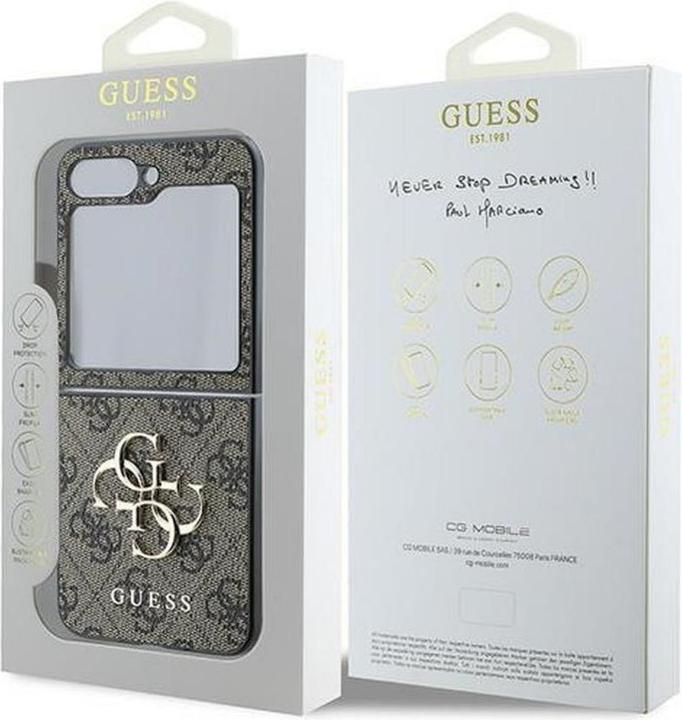 Actual product image Guess GUHCZF64GMGBR Z Flip6 F741 brązowy/brown Leather 4G Metal Logo (Samsung Galaxy Z Flip6, Samsung Galaxy Z Flip7 FE)