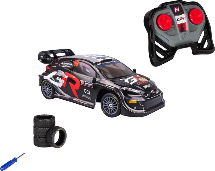 Actual product image Nikko Toyota Gazoo Racing Rovanperä Sweden Rally 2024 Remote Control Car with Extra Wheels, 1:16