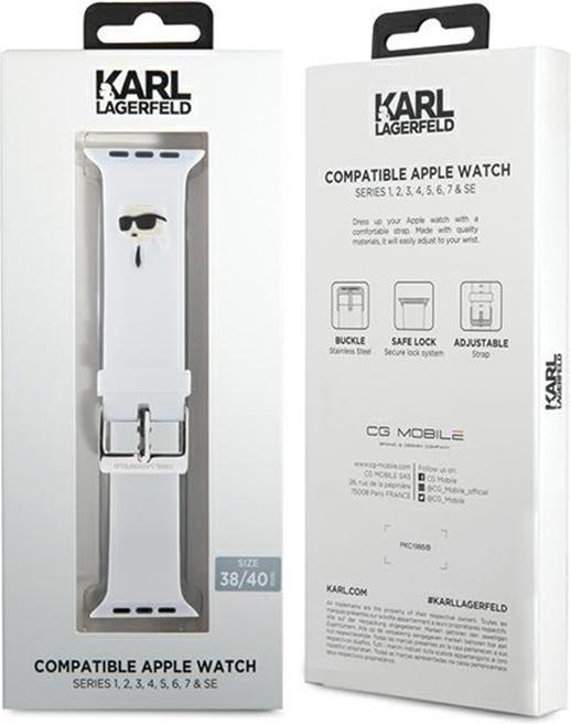 Image du produit Karl Lagerfeld Pasek KLAWMSLKNH Apple Watch 38/40/41mm biały/white strap 3D Rubber Karl Head (Silicone, Acier)