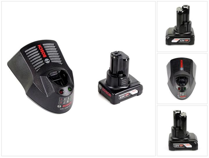 1x Bosch GBA 12 V 6,0 Ah Akku, 1x Bosch GAL 1230 CL Schnellladegerät