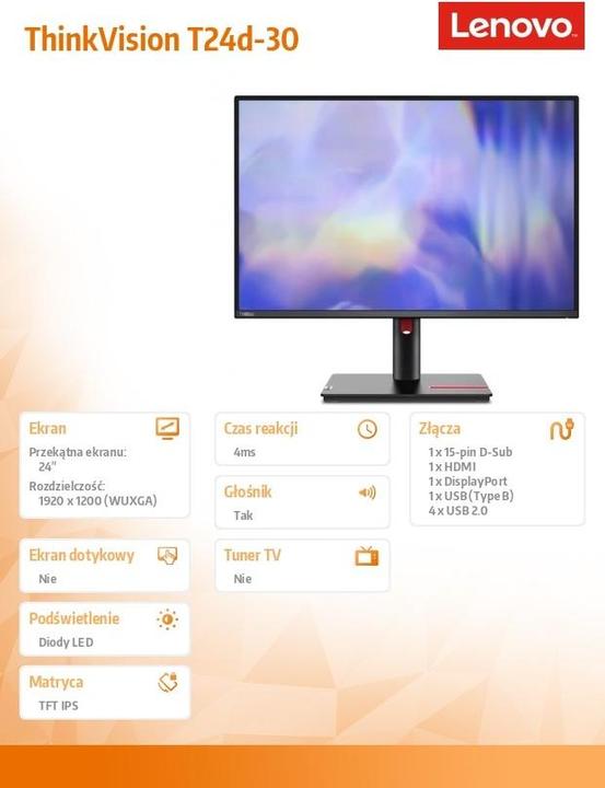 Image du produit Lenovo ThinkVision T24d-30 (1920 x 1200 pixels, 24")