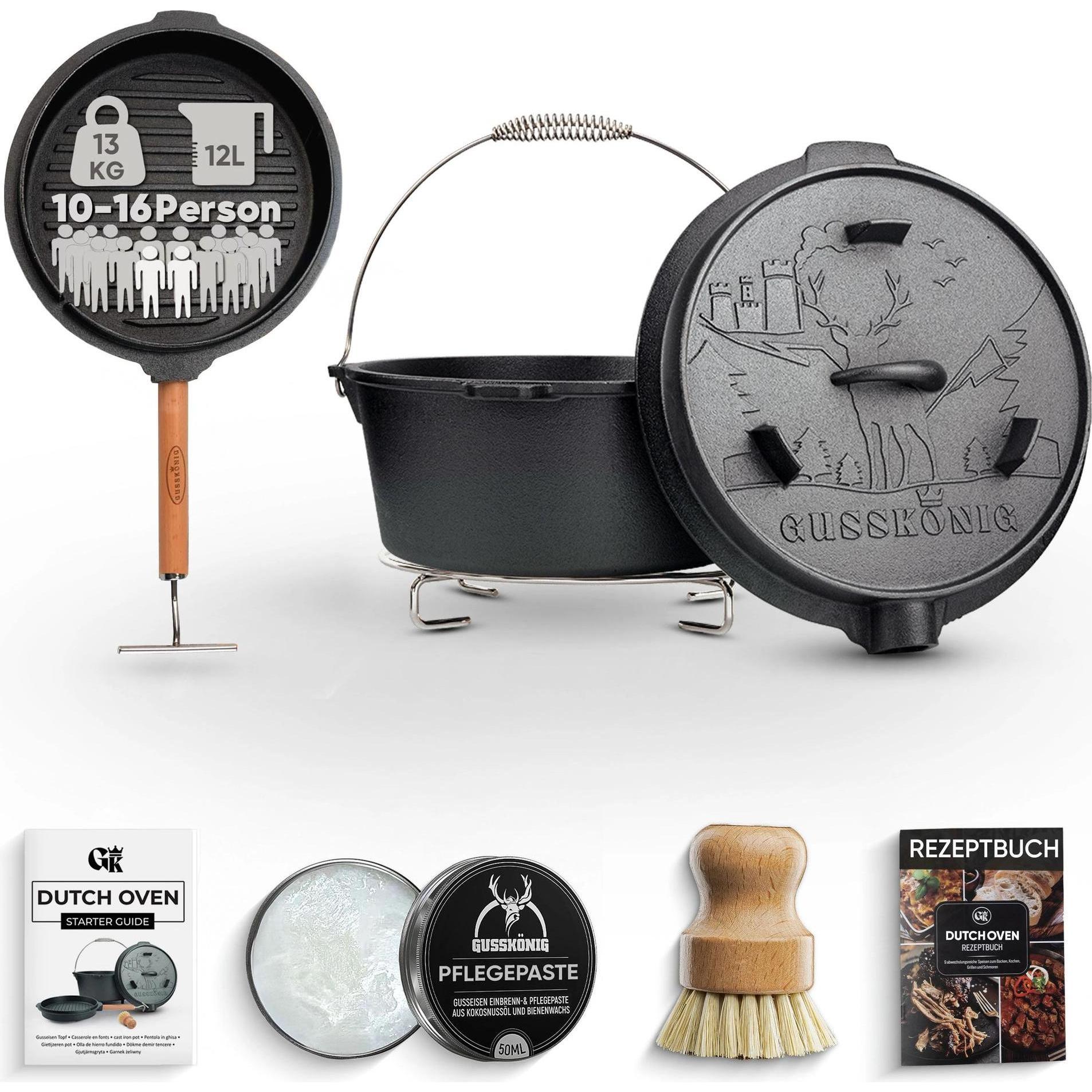 Gusskönig, Utensile per BBQ, Eingebrannter Dutch Oven Set 12L ohne Füsse