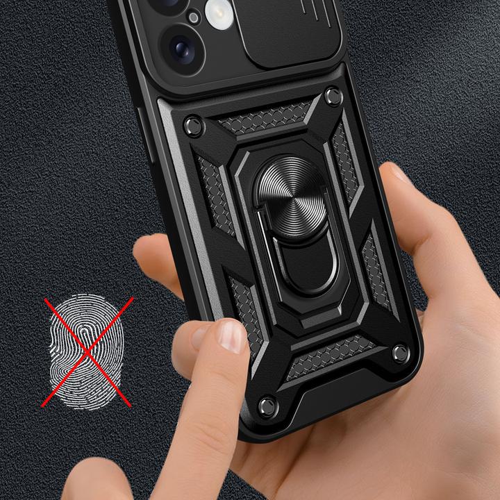 Actual product image Hurtel Hybrid Armor Camshield iPhone 16 Plus Armoured Case with Camera Cover and Stand - Black (Apple iPhone 16 Plus)