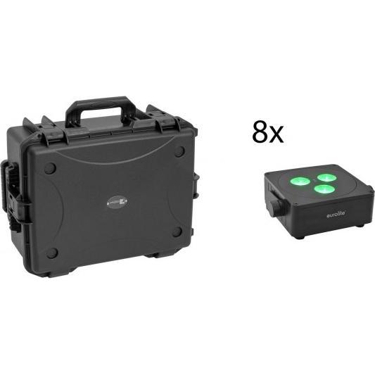 Eurolite Set 8x AKKU IP Flat Light 3 sw + custodia in plastica con carrello (8 W, LED), Faro, Nero