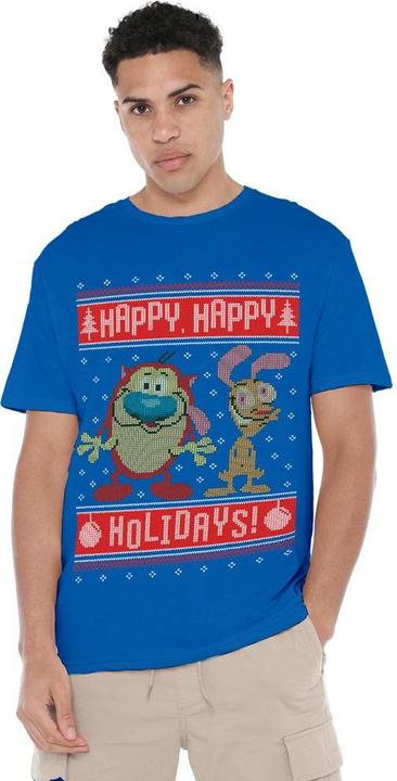 Actual product image Ren & Stimpy Mens Happy, Happy Holidays Christmas Jumper T-Shirt (S)