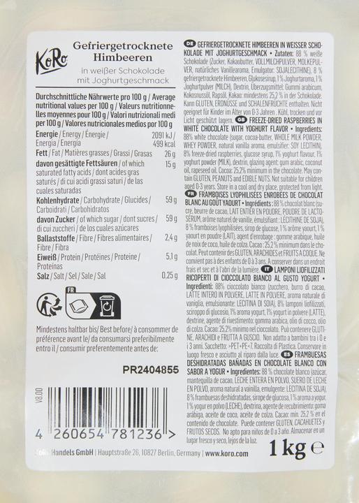 Nährwerte und Zutaten KoRo Gefriergetrocknete Himbeeren in weisser Schokolade (1000 g)