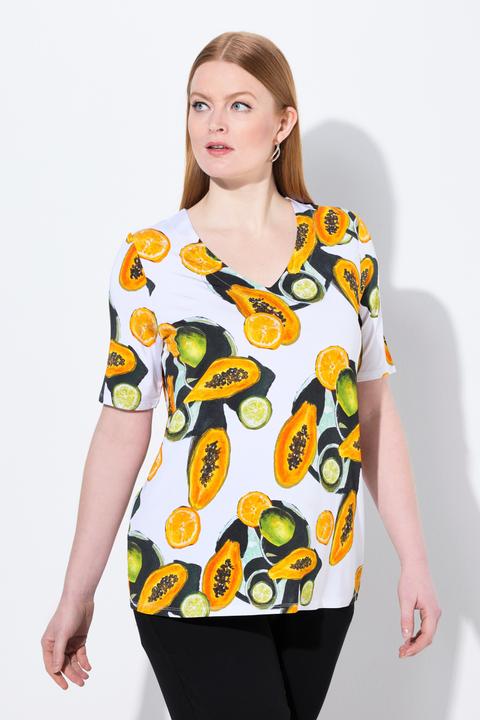 Image du produit Ulla Popken T-shirt au tombé fluide, motif papayes, décolleté en V et manches courtes, coupe Classic Fit (58)