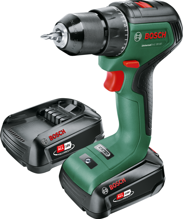 Boîte en carton, 1x chargeur AL 18V-20, 2x packs de batteries PBA 18V 2.0Ah W-B, 1x embout de vissage, 1x Visseuse sans fil UniversalDrill 18V-60