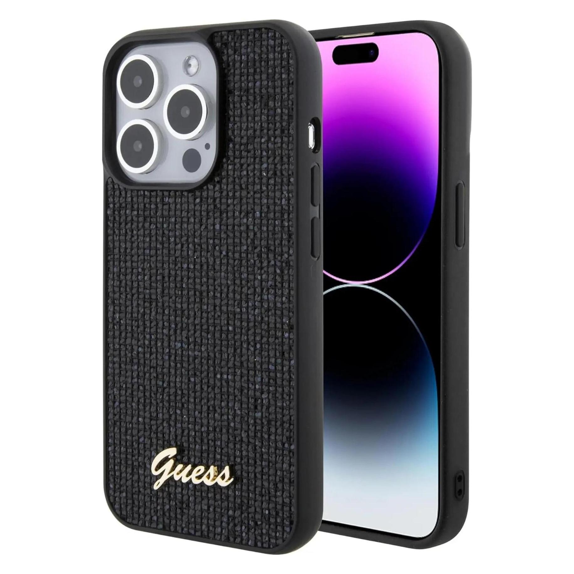 Guess GUHCP15LPMSDGSK IPhone 15 Pro 6.1" Czarny/black Hardcase Disco Metal Script (Apple IPhone 15 Pro), Smartphone Hülle, Schwarz