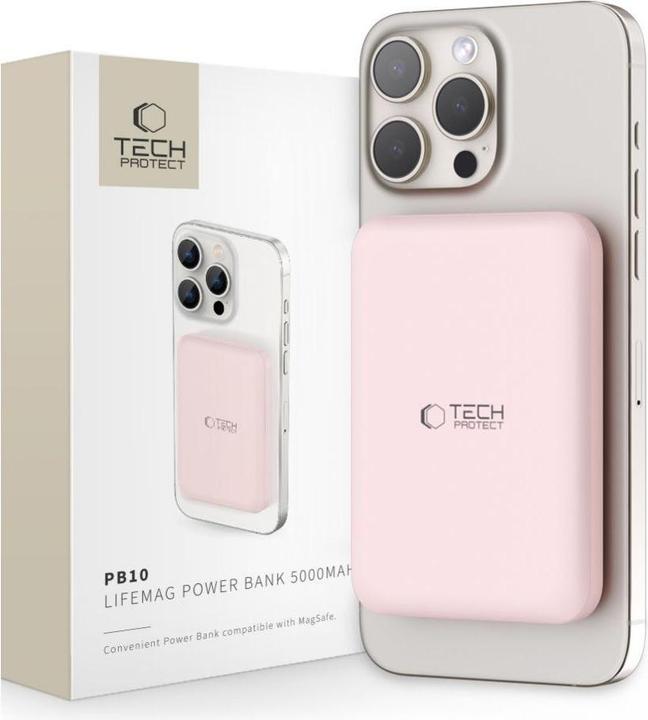 Tech-Protect LifeMag PB10 Powerbank con porta USB-C MagSafe 5000mAh 15W - rosa + cavo USB-C (5000 mAh, 15 W)