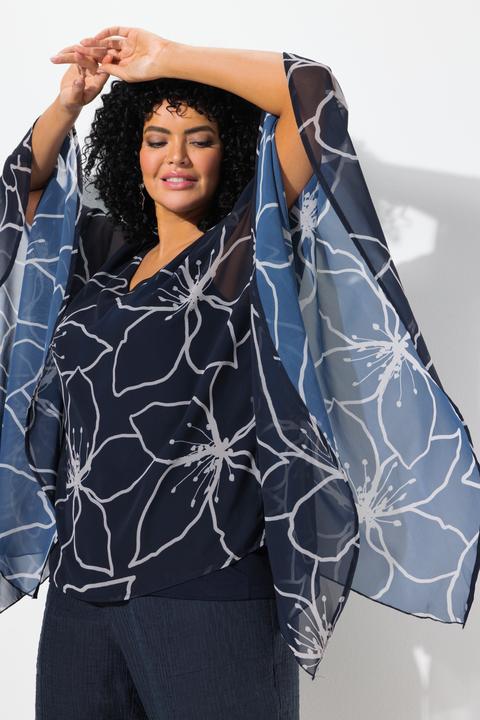 Produktbild Ulla Popken Chiffon-Bluse, Blüten, Oversized, V-Ausschnitt, 3/4-Arm (46, 48)