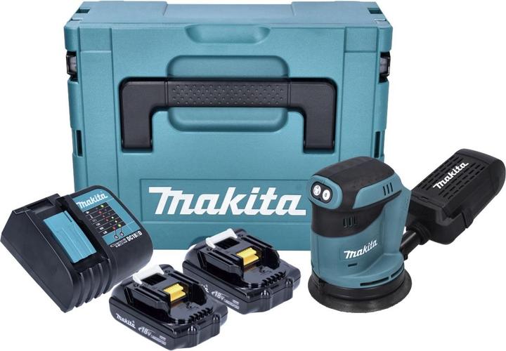 Produktbild Makita DBO 180 SYJ Akku Exzenterschleifer 18 V 125 mm + 2x Akku 1,5 Ah + LadegerÃ¤t + Makpac (Exzenterschleifer)