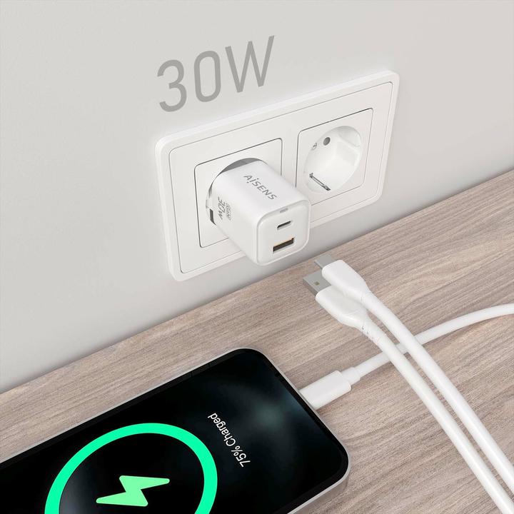Actual product image Aisens Gan 30W Charger, 1xUSB-C PD3.0 QC4.0, 1xUSB-A QC3.0, White (30 W, 1 portion)