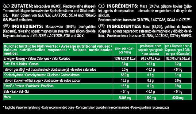 Valori nutrizionali e ingredienti IronMaxx Maca Origin 1300 Tricaps® (260 capsule à 1460mg (Tricaps®) (260 Pezzo/i, Pillole)