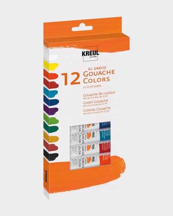 Produktbild Kreul el Greco Gouachefarben (Schwarz, Siena gebrannt, Coelinblau, Ockergelb, Chromoxidgrün, Brillantviolett, Zinnengelb, Karminrot, Preussischblau, Hellgrün, Titanweiss, Zitronengelb, 144 ml)