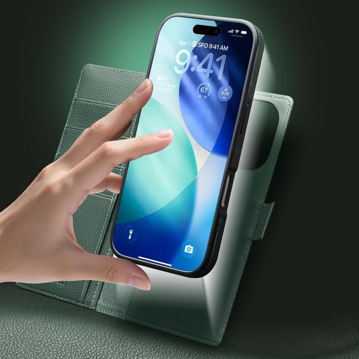 Produktbild QiAlino Hülle Flip Luxury 2-in-1 MagSafe Geldbörse echtes Leder (Apple iPhone 17 Pro)