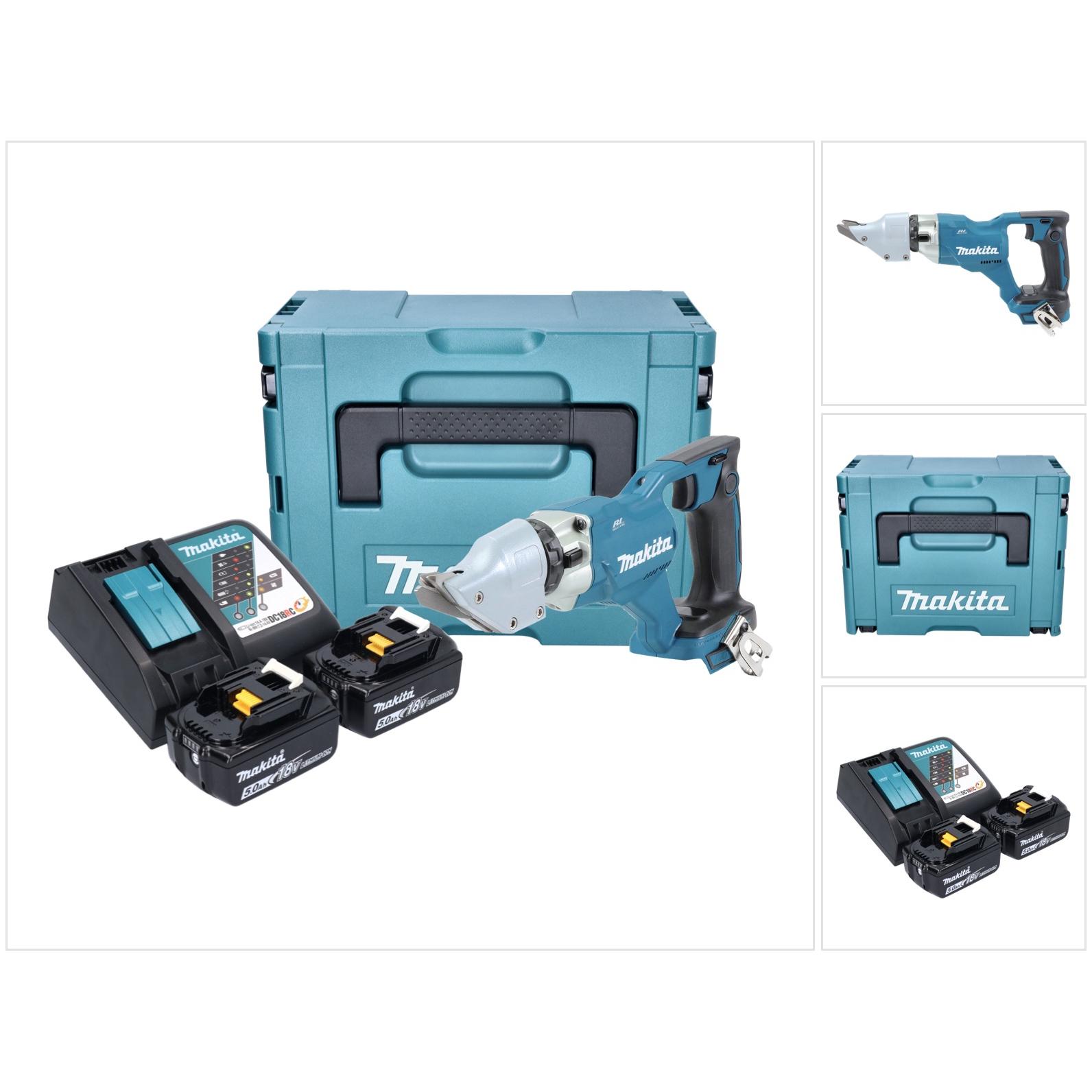 Makita, Elektroblechschere, DJS 200 RTJ Akku Blechschere 18 V 2,0 mm Brushless + 2x Akku 5,0 Ah + Ladegerät + Makpac