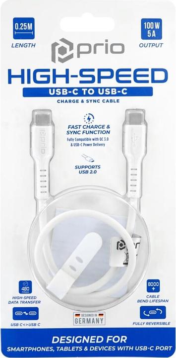 Actual product image prio High-Speed Charge & Sync USB C to USB C Cable 5A 0.25 m white (0.25 m, USB 2.0)