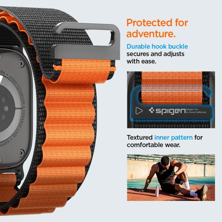Produktbild Spigen WBF1 Armband für Apple Watch 44 / 45 / 46 / 49 mm - Schwarz und Orange (44 mm, 45 mm, 46 mm, 49 mm, Nylon)