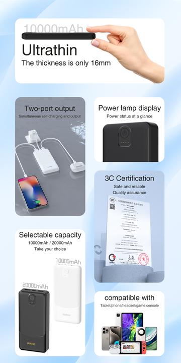Produktbild Dudao Powerbank K10 10000mAh 2.4A 2 x USB-A - schwarz (10000000 mAh, 12 W, 37 Wh)