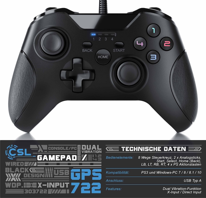 Immagine prodotto CSL Gamepad, controller di gioco per PC, PS3, Playstation con design Xbox, stick analogici di alta (PC)