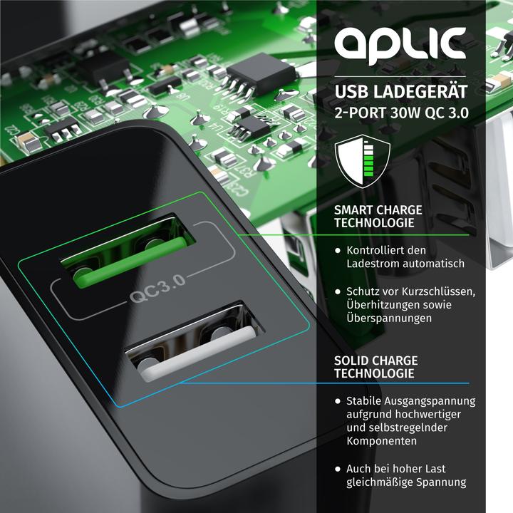 Actual product image Aplic USB charger 3000 mA, 2 port, 30W, Quick Charge 3.0 (QC 3.0) fast charging function, black (30 W)