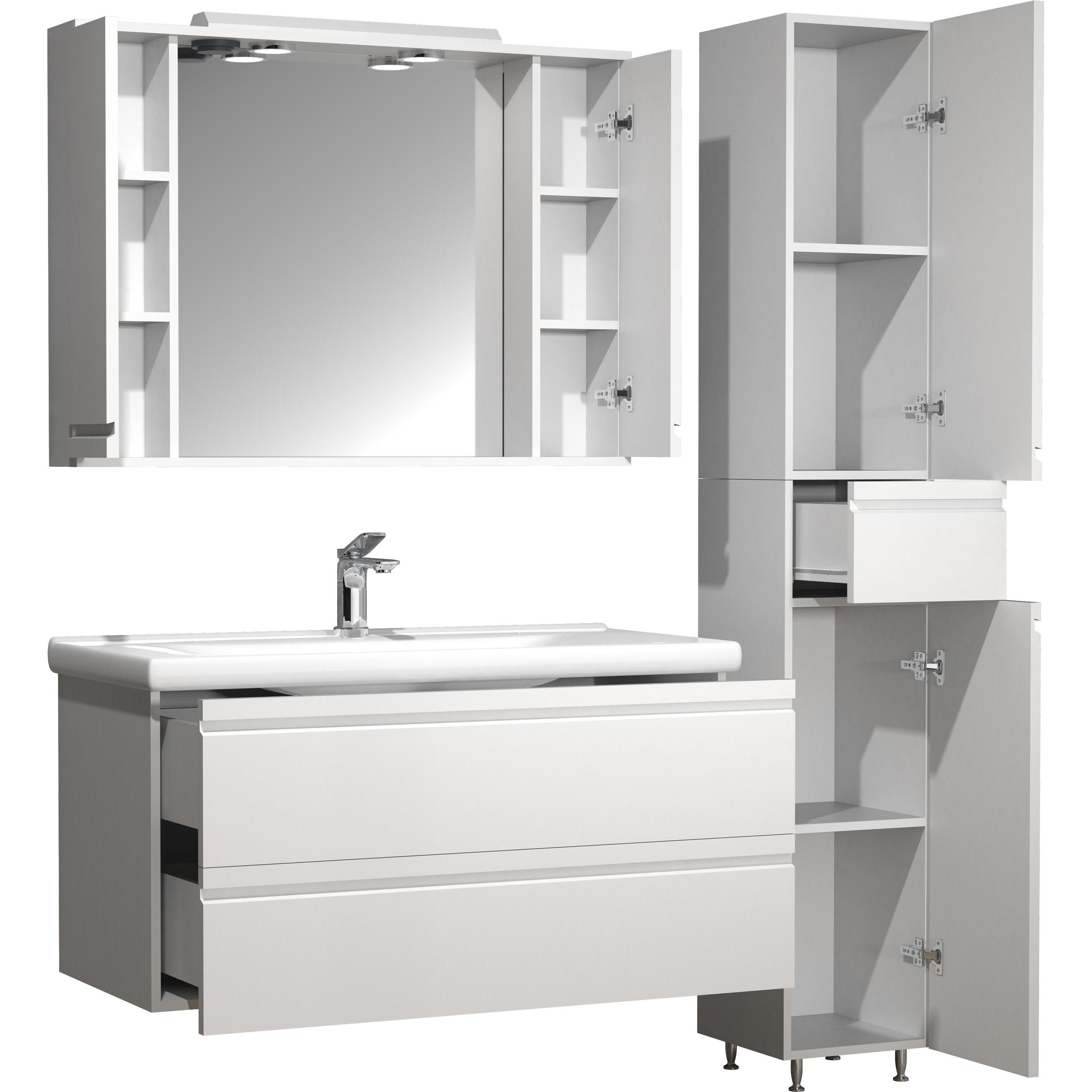Thumbnail - VCM, Badmöbelset, 4-tlg. Waschplatz Waschtisch 100 cm Badmöbel Set Waschbecken grifflose Schublade Spiegelschrank