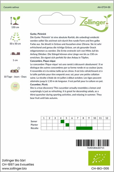 Produktbild Zollinger Bio Gurke, Picknick (Gemüsesamen)
