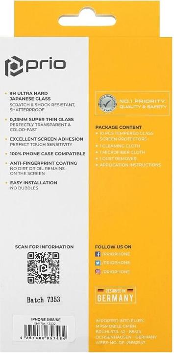 Produktbild prio 10x Displayschutzglas für iPhone 5/5S/SE transparent (10 Stück, Apple iPhone 5, Apple iPhone 5s, Apple iPhone SE)